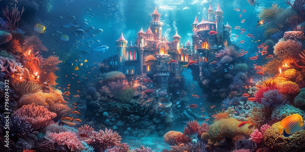 Magical underwater castle with coral turrets and schools of tropical fish greeting smiling merfolk