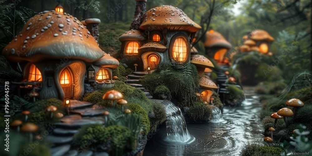 Obraz premium Enchanted forest glade with frolicking critters, mushroom houses, and twinkling firefly lanterns 