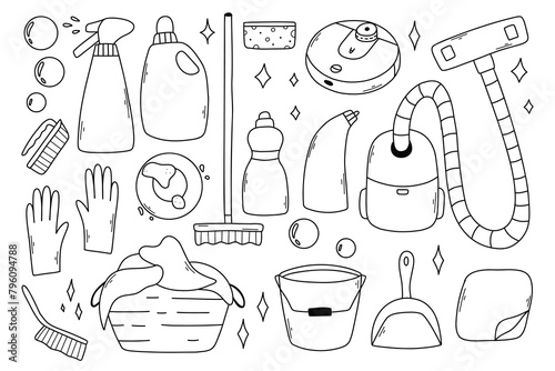 Set of cleaning elements. Vector collection of clip art cleaning in doodle style.