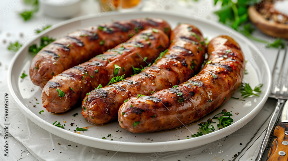 Grilled sausages served on a pristine white plate, resting elegantly on a clean white table bathed in natural light. The succulent sausages exude appetizing aromas, enticing the viewer with their gold Grilled sausages served on a pristine white plate, resting elegantly on a clean white table bathed in natural light. The succulent sausages exude appetizing aromas, enticing the viewer with their gold
