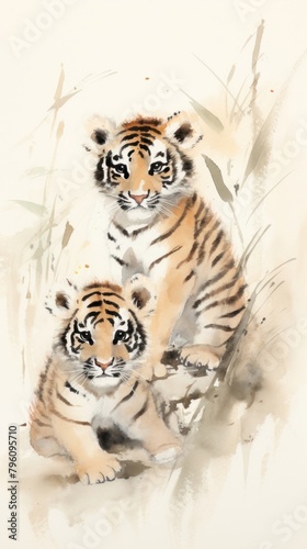 Tiger cubs with mountain chinese brush tiger wildlife animal.