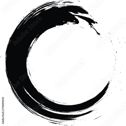 paintbrush with black ink in old style, abstract circle with brush stroke