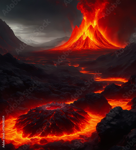 molten lava eruption, lava flowing, hyperrealism painting, concept design illustration wallpaper 