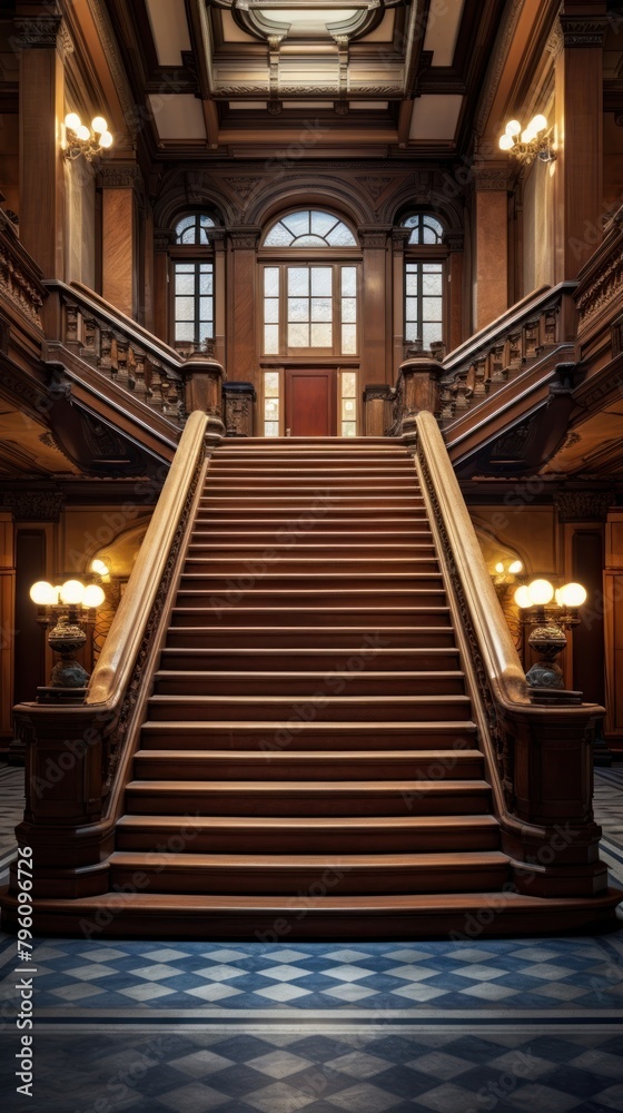 Low angle classic building main stairway hall architecture staircase stairs.