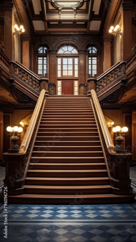 Low angle classic building main stairway hall architecture staircase stairs.