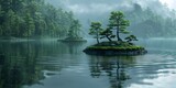 Serene zen garden of raked sand ripples and bonsai isles floating on a misty lake 