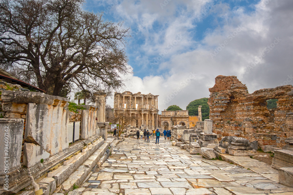 Efes, Izmir, Turkey - March 2, 2022:People enjoy ancient city Ephesus.