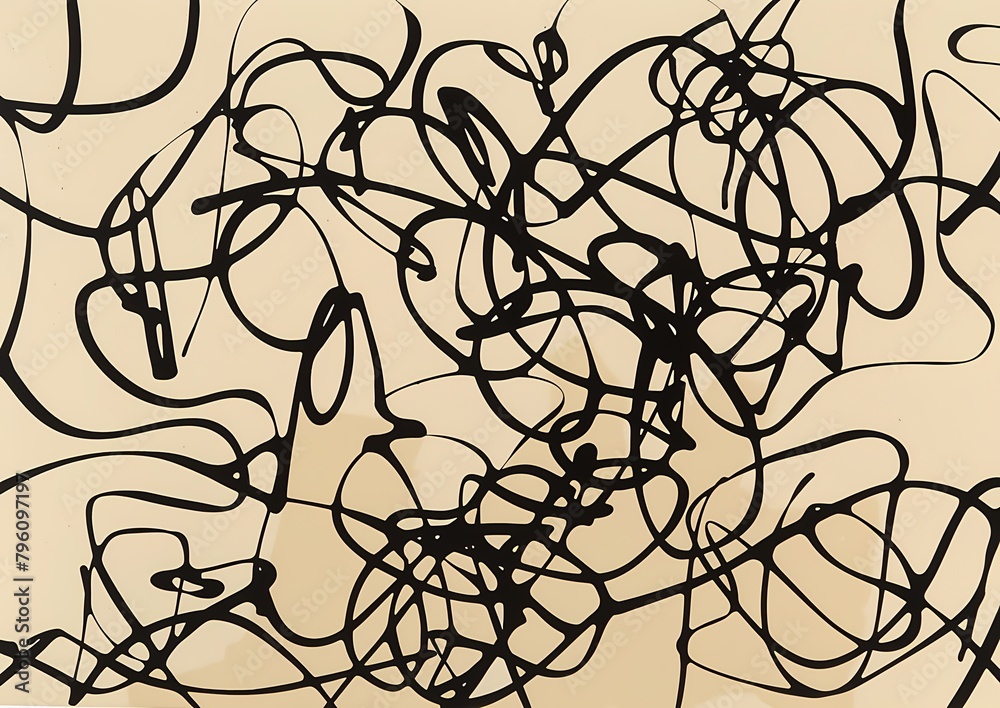 Obraz premium Abstract art pattern. Disorderly black ink lines doodling on an ivory background.