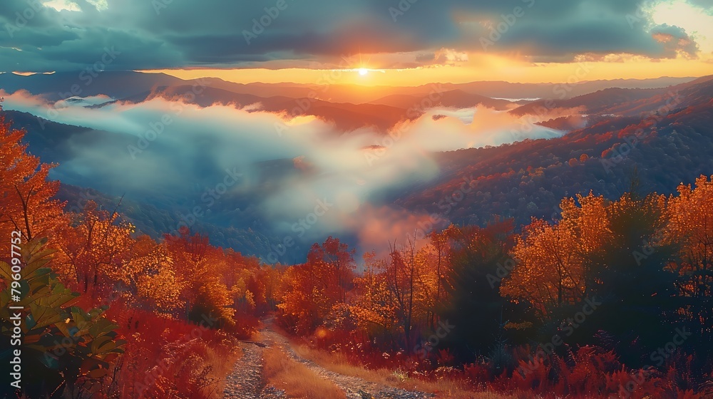 Beautiful view of great smoky mountains in autumn at sunrise. Generative AI. Beautiful view of great smoky mountains in autumn at sunrise. Generative AI.