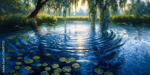Tranquil lake with lilypads radiating hypnotic ripple patterns, willow tree gently swaying  photo