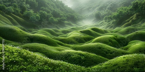Tranquil valley of cresting, rolling hills carpeted in soft tufted mossfalls
