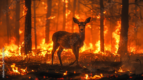 Amidst the ragging flames of burning forest, the wildlife faces a dire situation. The harsh reality of wildfires, emphasising the urgency of protecting our natural habitats. Generative AI.