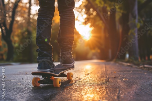 Person riding a skateboard on an asphalt path with the sun setting in the background.