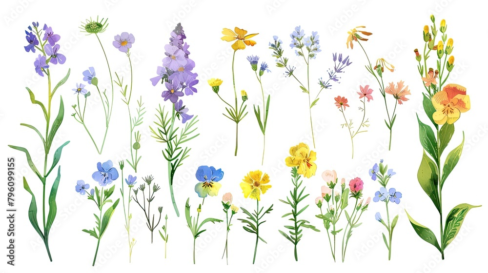 a collection of wildflowers, game asset spritesheet, aquarelle illustration, white background, saturated colors 