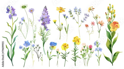 a collection of wildflowers  game asset spritesheet  aquarelle illustration  white background  saturated colors 