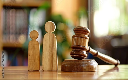 Wooden Figurine Family Positioned Beside a Judge's Gavel in a Courtroom - Legal Decisions, Family Law Concepts - Family Counseling, Social Services.