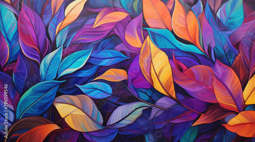 Illustrative depiction of a background filled with colorful leaves in abstract patterns