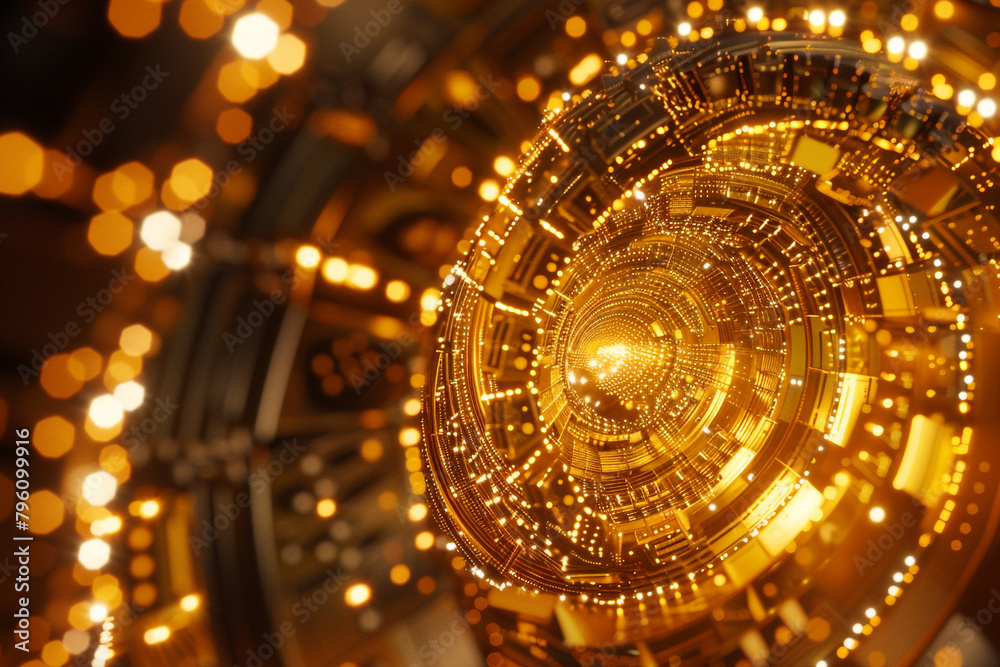 Naklejka premium Interpret the process of cryptocurrency mining through a dazzling golden lens 3D render 