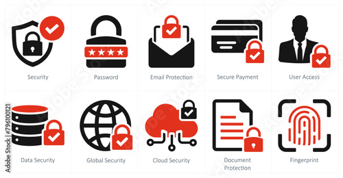 A set of 10 cyber security icons as security, password, email protection, secure payment