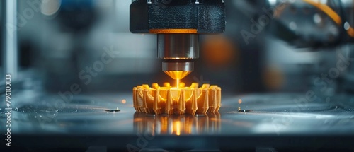Closeup of a 3D printer nozzle as it precisely lays down layers of filament, showcasing the layerbylayer construction of a complex part