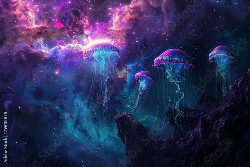 Interstellar scene with extraterrestrial lifeforms quantum fields nebula backdrop and cosmic jellyfish floating amid galactic wonders 