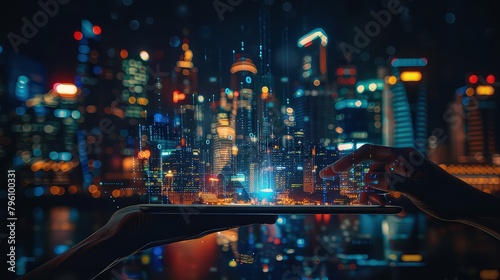 Waiter hand holding blank digital tablet with Smart city with smart services and icons, internet of things, network and augmented reality concept, night scene AI generated