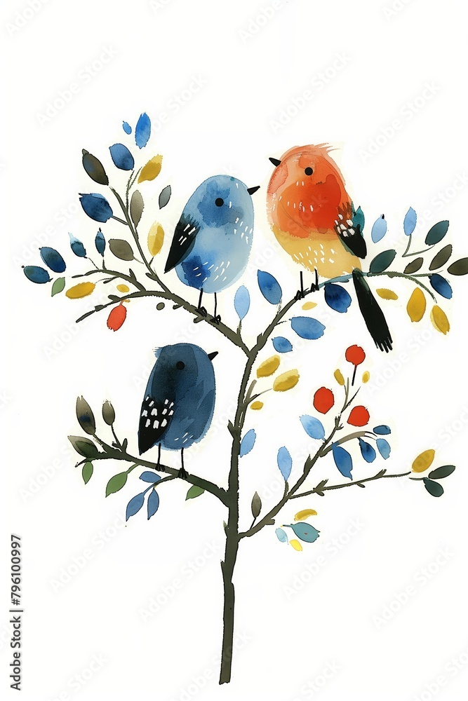 Fototapeta premium Colorful Birds Watercolor Painting on Branch 