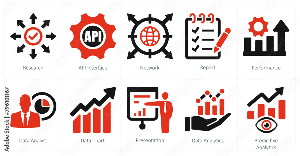 A set of 10 data analytics icons as research, api interface, network