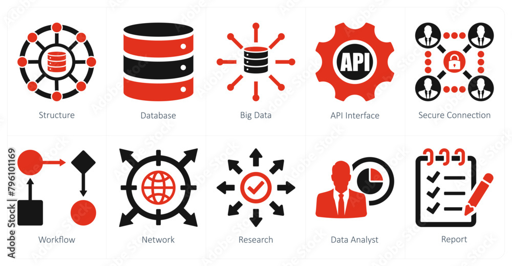 A set of 10 data analytics icons as structure, database, big data A set of 10 data analytics icons as structure, database, big data