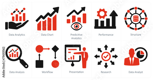 A set of 10 data analytics icons as data analytics, data chart, predictive analytics © popcornarts