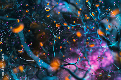 microscopic view of neurons connecting, illustrating the complexity of the human brain  #796101348