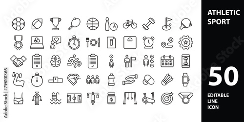 Fitness and Workout Line Icons. Editable Stroke. Pixel Perfect. For Mobile and Web. Contains such icons as Bodybuilding, Heartbeat, Swimming, Cycling, Running, Diet. photo