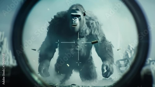 A menacing, giant creature carrying a weapon is targeted in the crosshairs of a sniper scope, creating a sense of tension and danger.
 photo