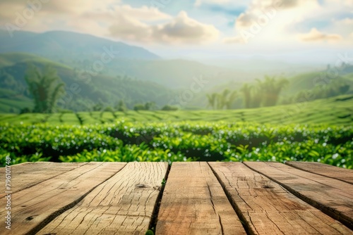 Wooden table top on blur green tea mountain and grass field.Fresh and Relax concept.For montage product display or design key visual layout.View of copy space - generative ai