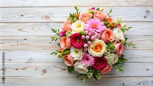 A flower bouquet is kept on wooden background from top view for specific event or occasion