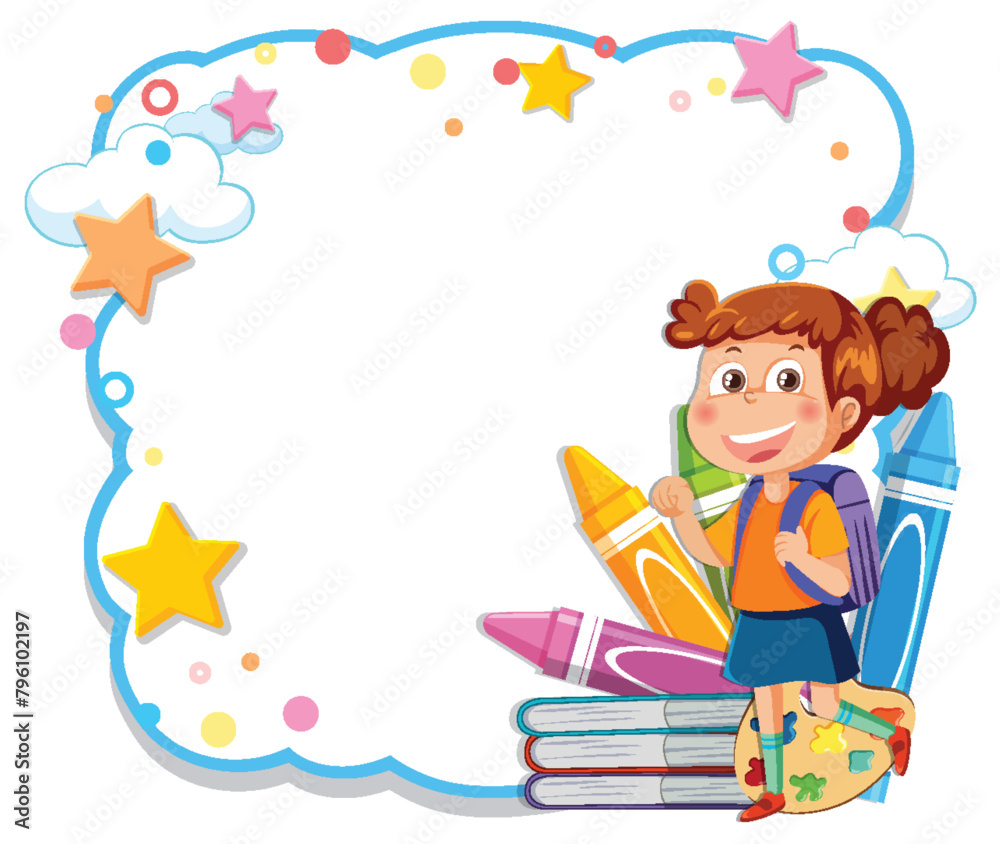 Fototapeta premium Cheerful young girl sitting on colorful books.