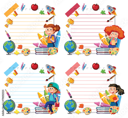 Four vibrant school-themed labels with cheerful children.