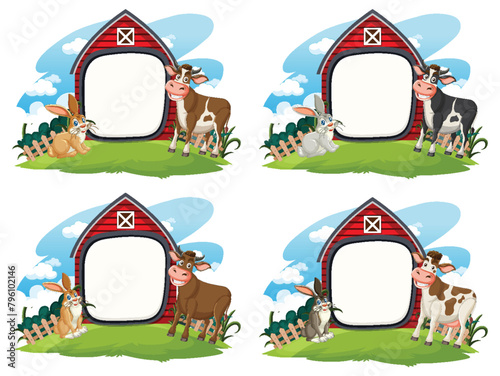 Illustration of farm animals near a red barn