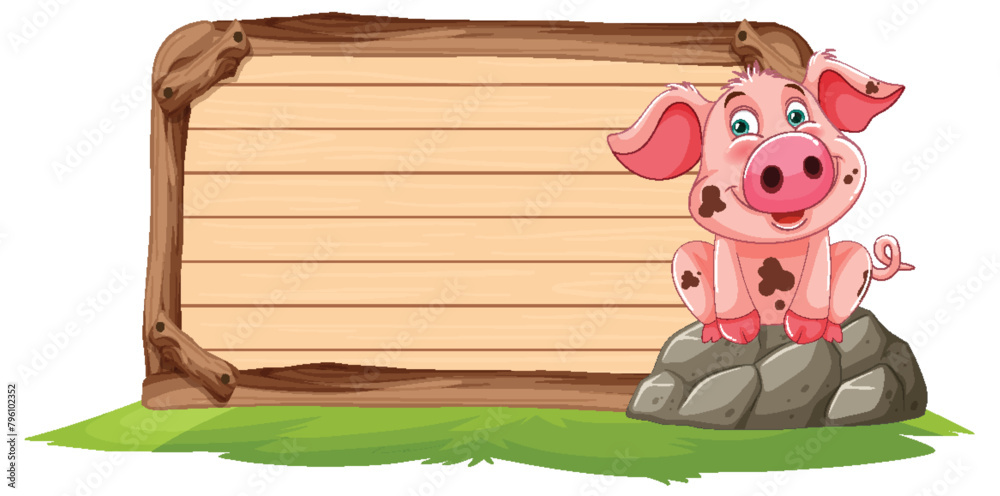 Fototapeta premium Cartoon pig sitting by a wooden signboard.
