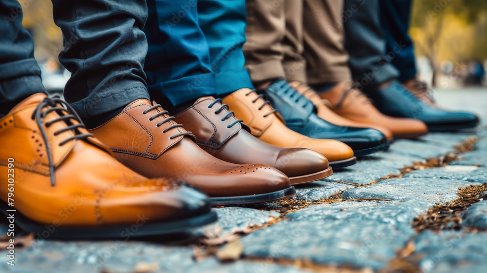 A row of mens business shoes neatly lined up on a tiled floor, creating a symmetrical and stylish visual display A row of mens business shoes neatly lined up on a tiled floor, creating a symmetrical and stylish visual display