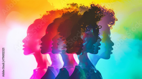 A group of people of various nationalities standing united in front of a vivid, multicolored background