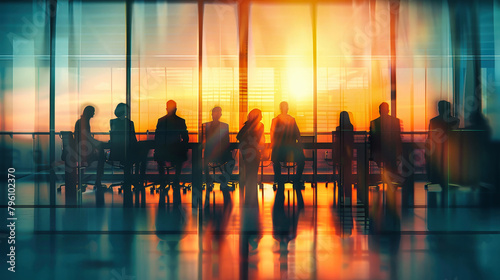 A diverse group of individuals stands confidently in front of a towering glass wall during a management meeting in their office photo