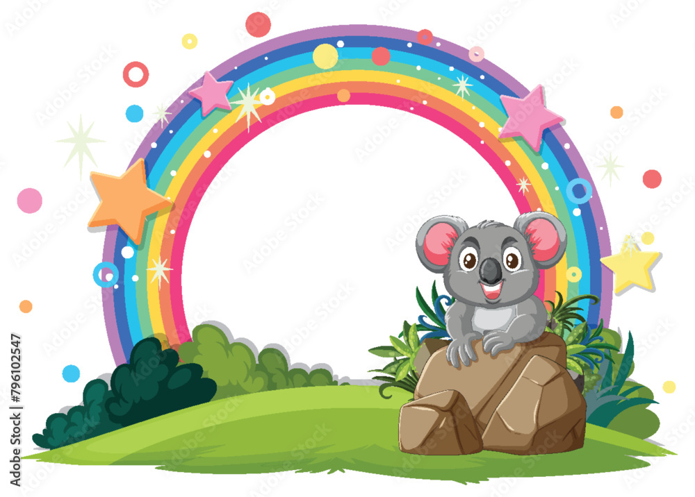 Obraz premium A happy koala sitting on a rock under a rainbow