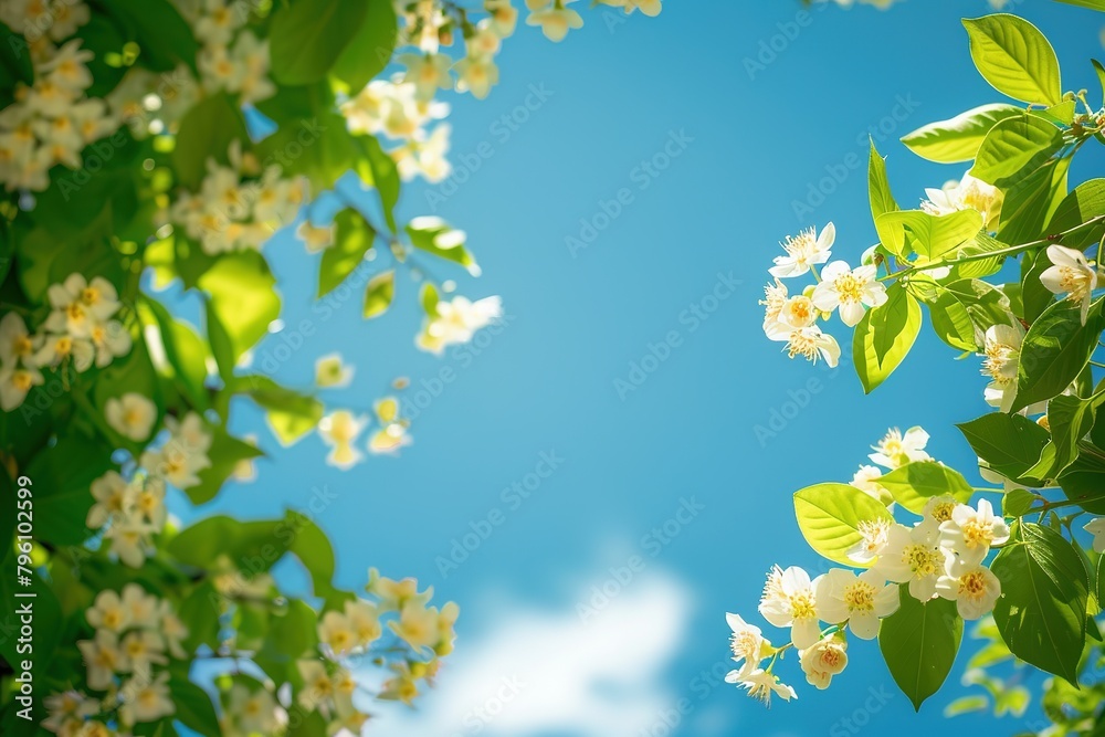 White blossoms against a vibrant blue sky.