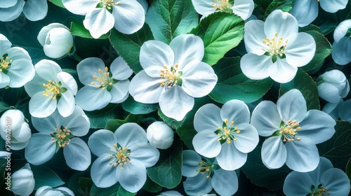 Spring apple blossoms on pastel blue  background  top view. Minimalist floral composition.Template for Wedding decor  mothers or womans day  greeting cards. Place for text  top view.