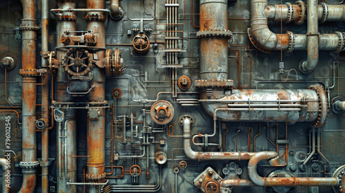 A mesmerizing view of various pipes and valves intricately arranged on a wall, showcasing the beauty and complexity of an industrial pipeline system