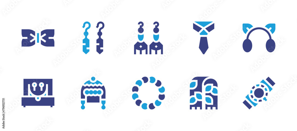 Accessories icon set. Duotone color. Vector illustration. Containing earrings, bracelet, watch, jewelry box, pashmina, winter hat, tie, bow tie, earmuffs.
