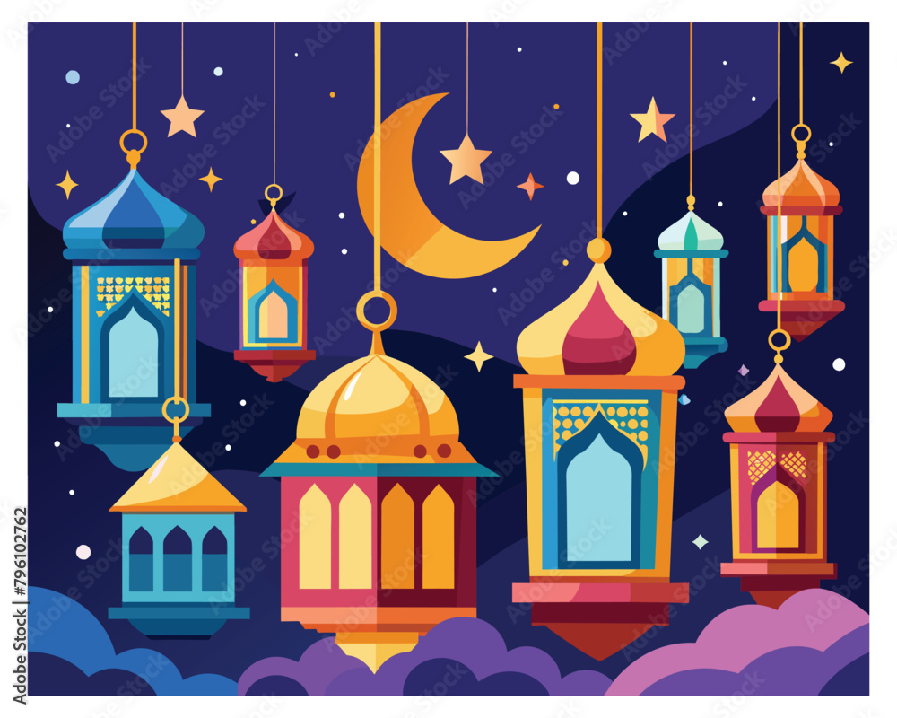 Arabian lantern moon and star vector illustration