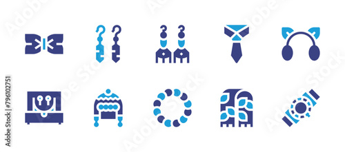 Accessories icon set. Duotone color. Vector illustration. Containing earrings, bracelet, watch, jewelry box, pashmina, winter hat, tie, bow tie, earmuffs. photo