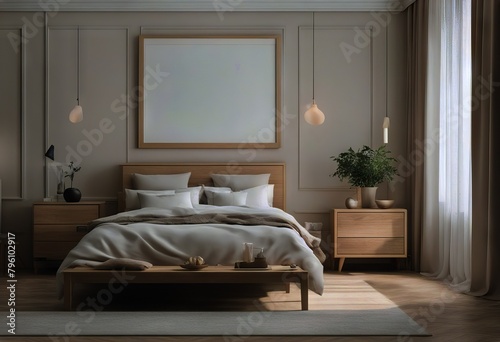 interior background 3d room furniture render beige frame bedroom wooden Mock natural © akkash jpg